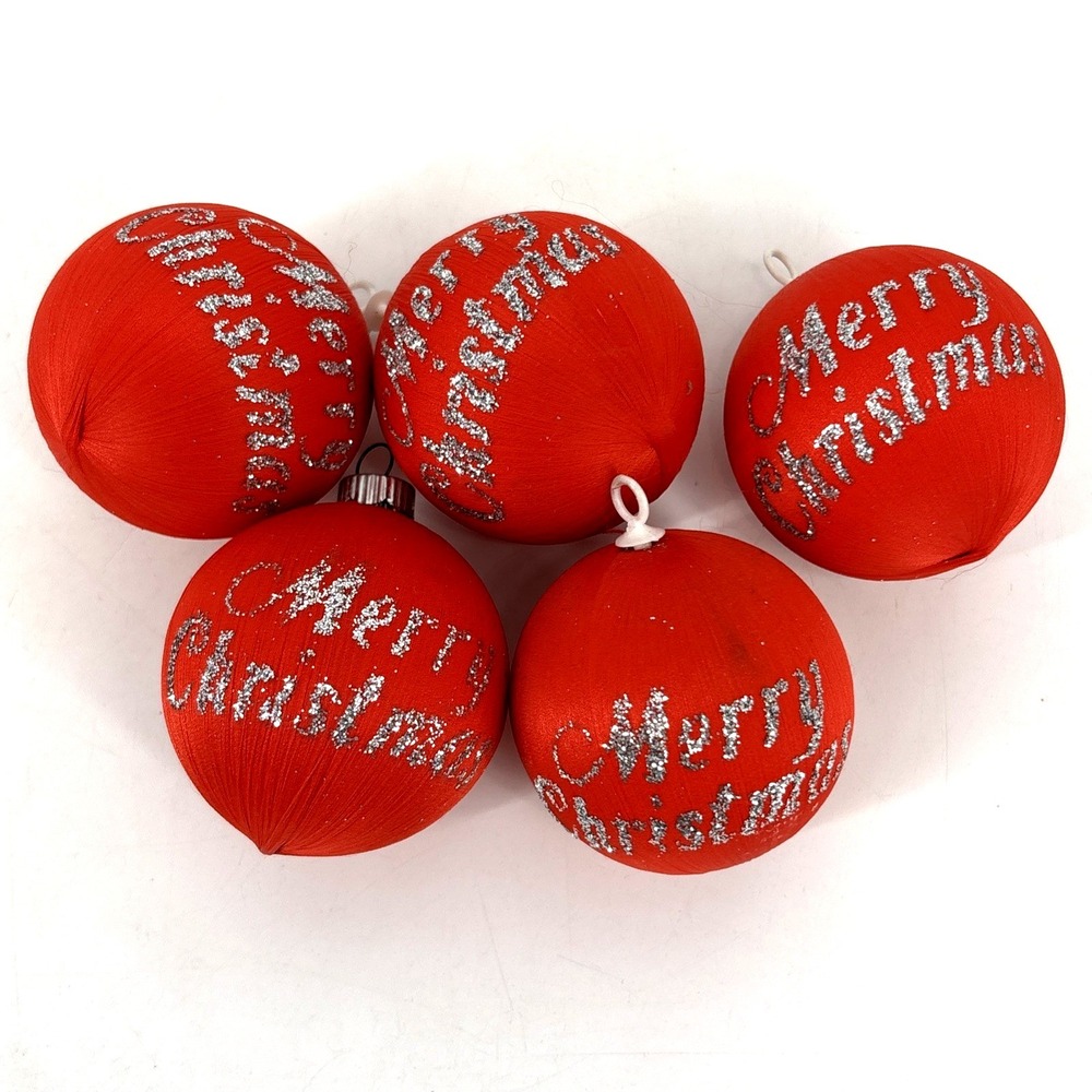Vintage PYRAMID Satin RED Ornament LOT Of 5 w Silver Glitter Merry Christmas